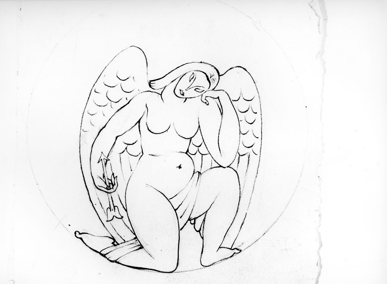 figura femminile angelica nuda con freccia (disegno) di Ponti Giovanni (sec. XX)