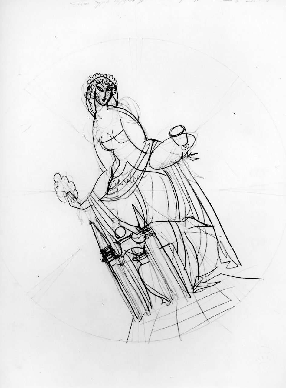 L'Ospitalità, piattella con figura femminile con vassoio e bicchiere e altro (disegno) di Ponti Giovanni (sec. XX)