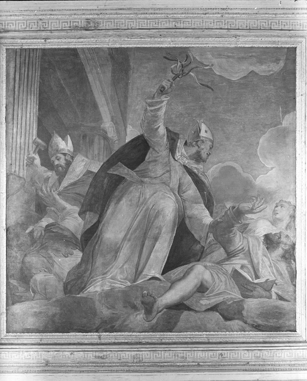 Ambrogio e Agostino colpiscono gli eretici (dipinto) di Zelotti Giambattista (sec. XVI)