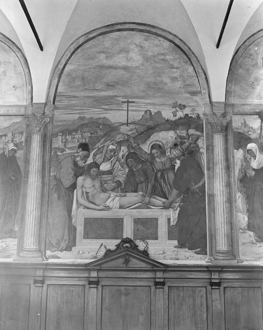 Deposizione nel sepolcro (dipinto, elemento d'insieme) di Tessari Girolamo detto dal Santo (sec. XVI)