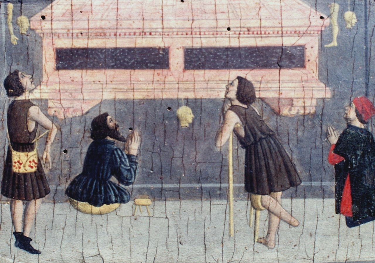 San Vincenzo Ferrer guarisce gli infermi che pregano davanti alla sua tomba (scomparto di predella) di Giovanni Francesco da Rimini (sec. XV)
