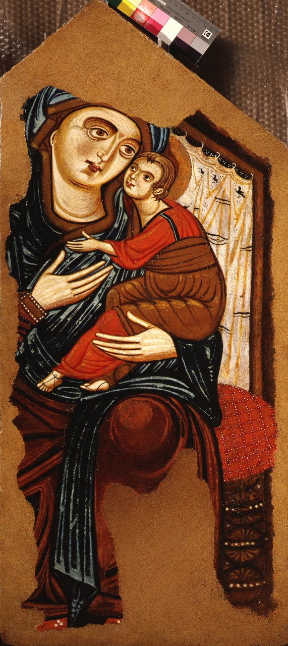 Madonna con Bambino in trono (dipinto, frammento) - ambito fiorentino (sec. XIII)