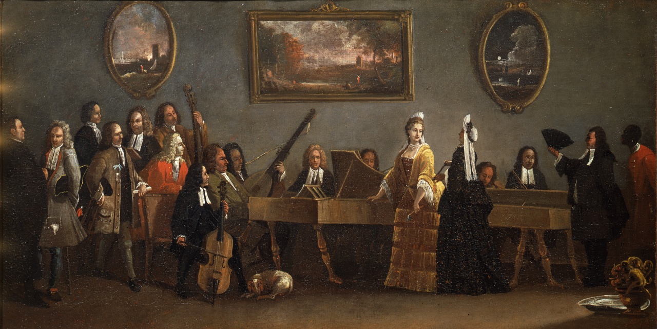 interno con riunione musicale (dipinto) di Ricci Marco (sec. XVIII)