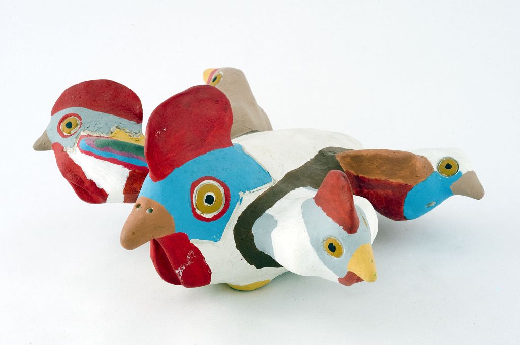 Gallo con 4 uccelli fischianti, Gallo (fischietto, a fessura interna, strumenti musicali) di Pozzan Carlo Nazca (ceramista) - laboratorio (1997)