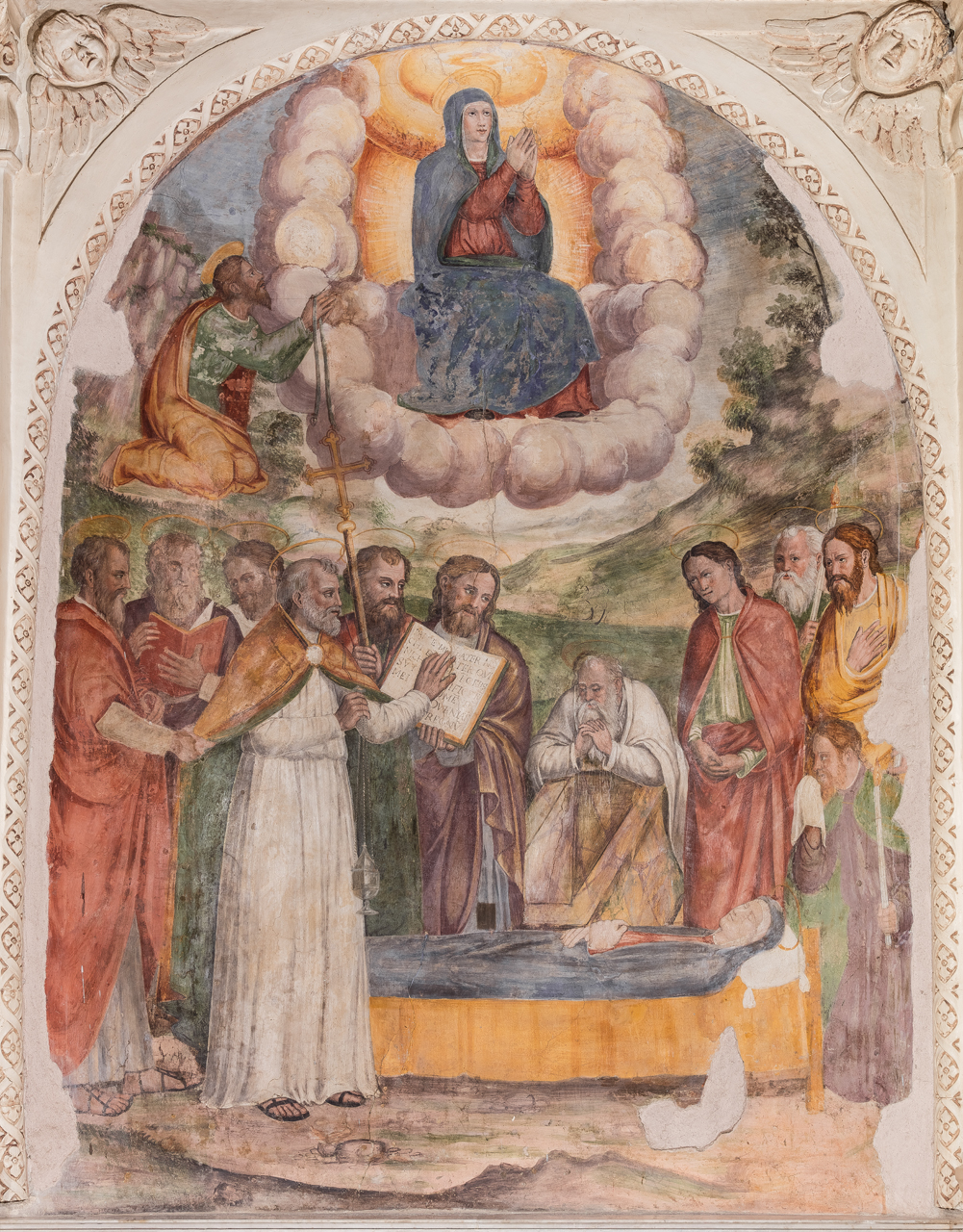 morte della Madonna, San Tommaso riceve la cintura dalla Madonna Assunta (dipinto) di Torresani Bartolomeo, Torresani Lorenzo (secondo quarto XVI)