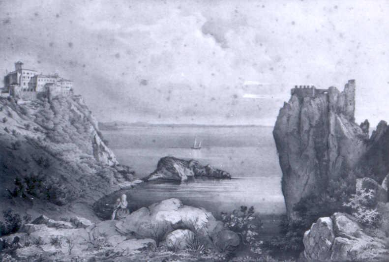 Das Schloss Duino, veduta del castello di Duino a Trieste (stampa, serie) di Tischbein Augusto Antonio (sec. XIX)