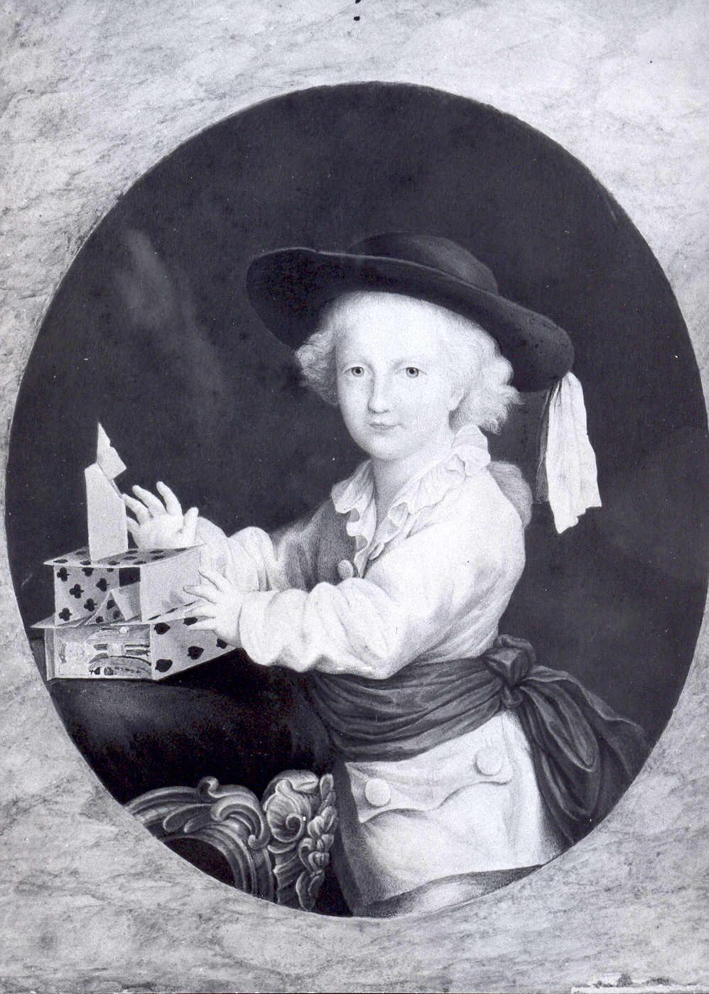 bambino che fa castelli con le carte da gioco (dipinto, pendant) - ambito austriaco (seconda metà sec. XVIII)