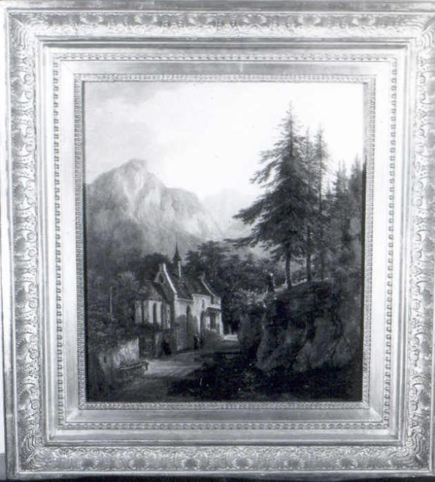 paesaggio alpino con chiesa (dipinto) - ambito tedesco (metà sec. XIX)