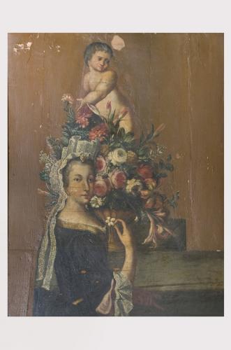 Ritratto di donna con fiori e putto (dipinto) - produzione pugliese (seconda metà sec. XVIII)