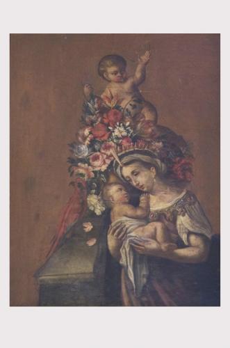 Ritratto di donna con bambino, putto, pappagallo (dipinto) - produzione pugliese (seconda metà sec. XVIII)