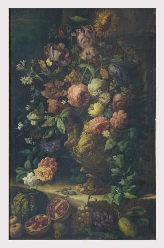 Natura morta con vaso di fiori e frutti (dipinto) - ambito napoletano (sec. XVIII)