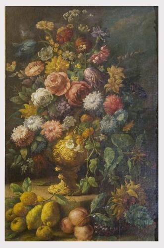 Natura morta con vaso di fiori e frutti (dipinto) - ambito napoletano (sec. XVIII)