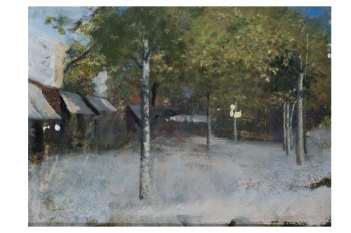 Bivio, strada con case e alberi (dipinto) di De Nittis Giuseppe Gaetano (sec. XIX)