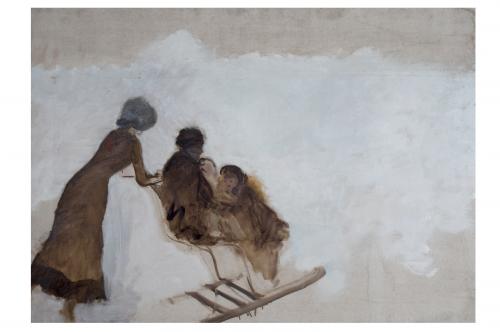 In slitta (Studio), paesaggio innevato con figure e slitta (dipinto) di De Nittis Giuseppe Gaetano (sec. XIX)