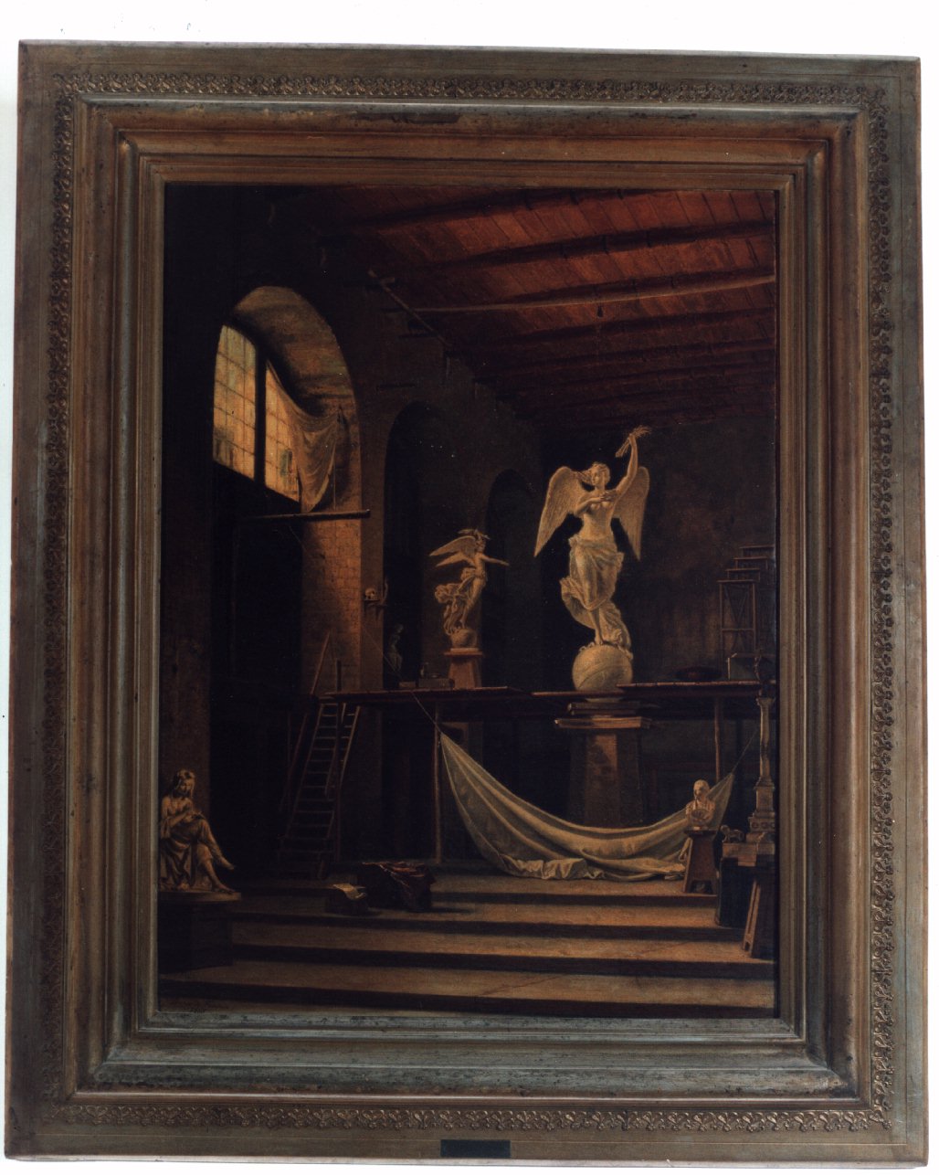 lo studio dello scultore emanuele caggiano con la statua della vittoria, interno di uno studio di scultore (dipinto) di De Francesco Lorenzo (sec. XIX)
