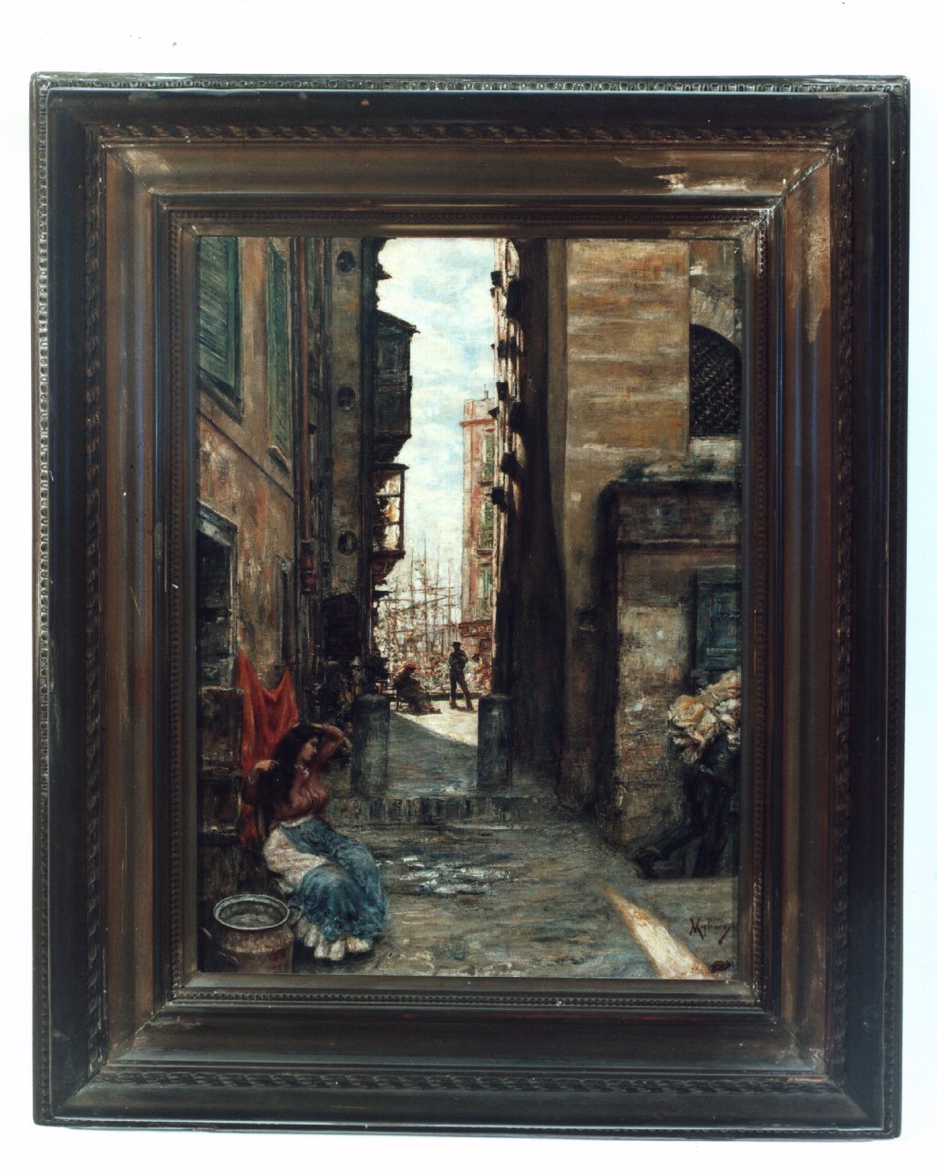un vicolo nella zona del porto, veduta di una via di Napoli (dipinto) di Migliaro Vincenzo (secc. XIX/ XX)
