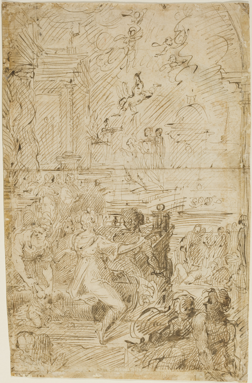 presentazione di Maria Vergine al tempio (disegno) di Curia Francesco (attribuito) (secc. XVI/ XVII)