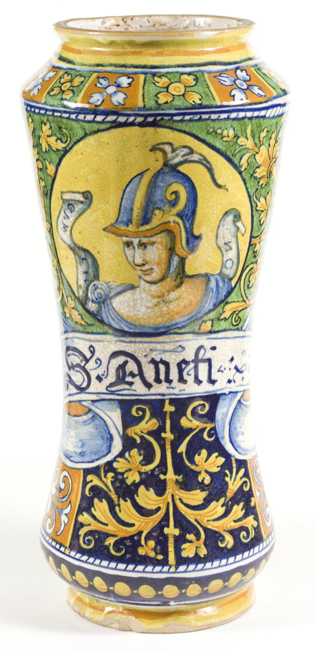 busto di guerriero, motivo decorativo a quartieri (albarello) - manifattura faentina (metà sec. XVI)