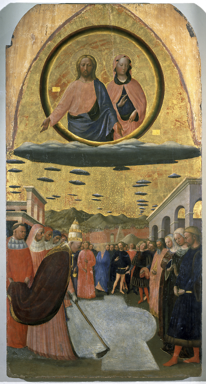 fondazione della basilica di Santa Maria maggiore a Roma (dipinto, elemento d'insieme) di Tommaso di Cristoforo Fini detto Masolino da Panicale (sec. XV)