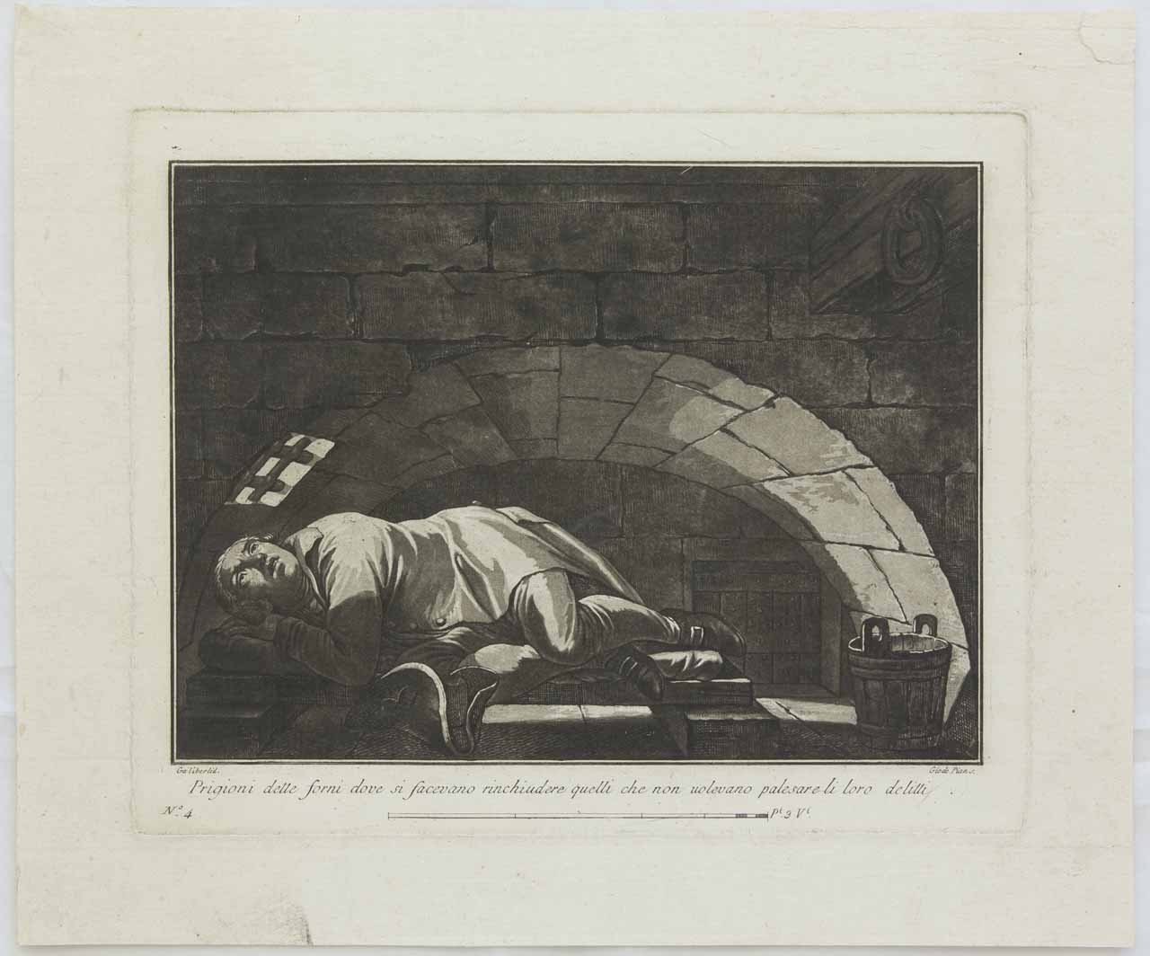 Interno di una cella con prigioniero (stampa, serie) di De Pian Giovanni Maria, Galimberti Francesco - ambito veneto (sec. XVIII)