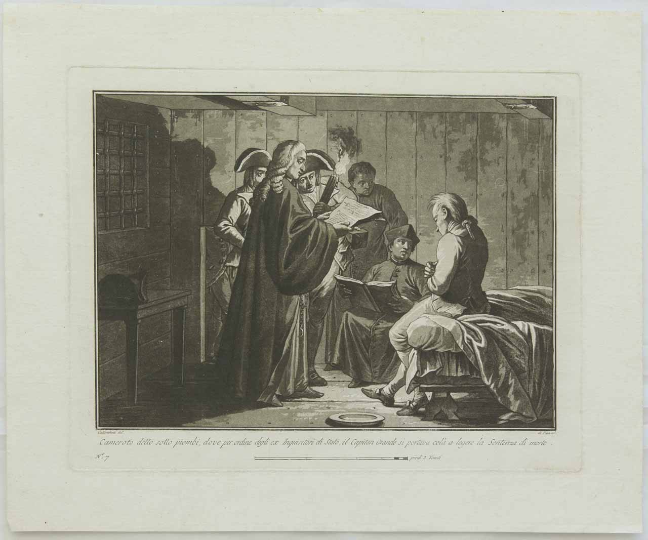 Interno di cella con guardie e prigioniero (stampa, serie) di De Pian Giovanni Maria, Galimberti Francesco - ambito veneto (sec. XVIII)