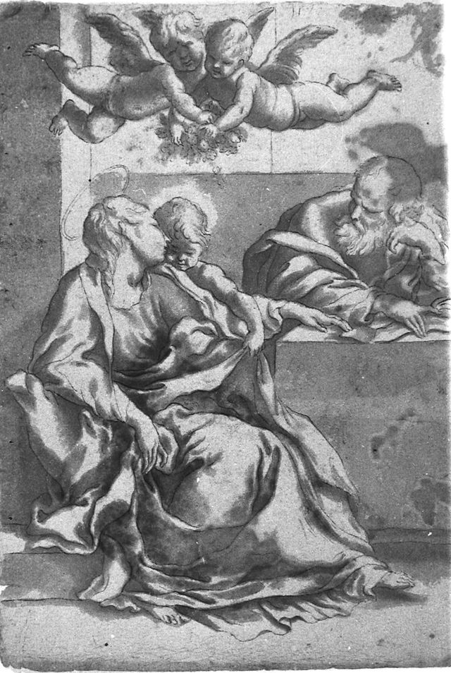 Sacra Famiglia con due angeli (disegno, opera isolata) - ambito toscano (inizio XVIII)