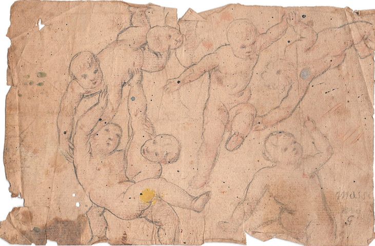 abbozzo per un gruppo di putti (recto), abbozzo per una mano e per figura (verso) (disegno, opera isolata) - ambito molisano (seconda metà XVIII)