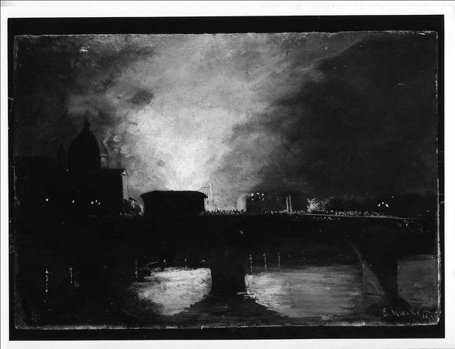 L'incendio a Santa Trinita in Firenze, veduta di città (dipinto) di Markò E (XIX)
