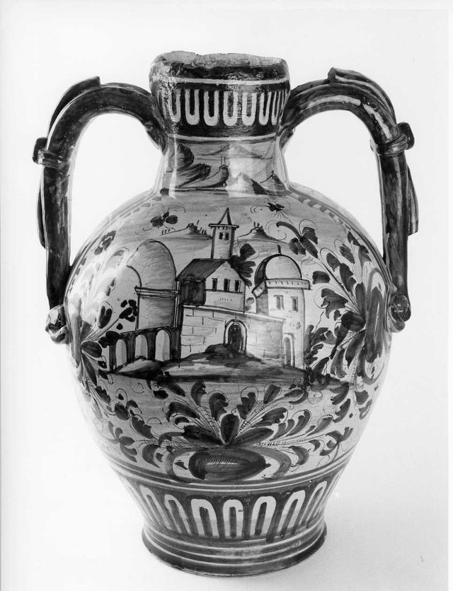 paesaggio con architetture, motivi decorativi geometrici e floreali (anfora) - produzione campana (prima metà XVIII)