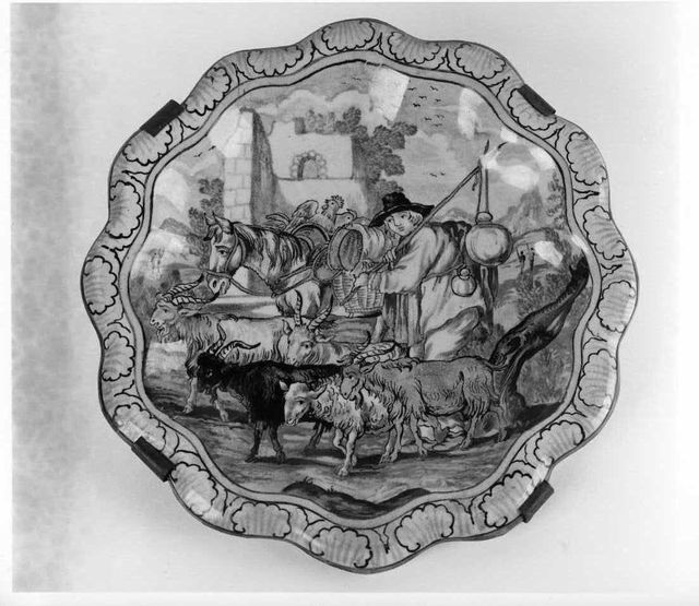 paesaggio con figure, animali e rudere architettonico (piatto) - bottega di Castelli (XVIII)