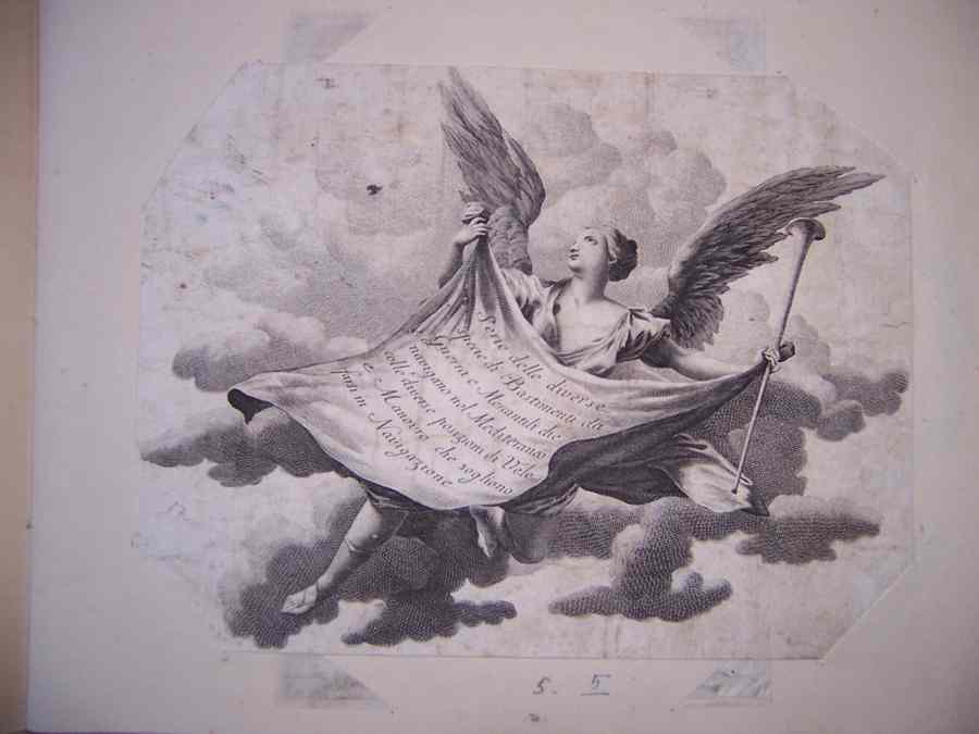 angelo porta drappo (stampa smarginata) - ambito italiano (sec. XVIII)
