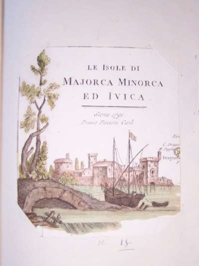 paesaggio marino con nave allo scalo (stampa colorata a mano, frammento) - ambito italiano (sec. XVIII)