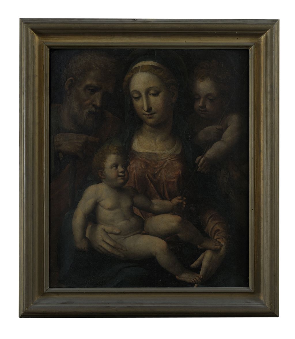 Sacra Famiglia con San Giovanni Battista bambino (dipinto) di Neroni Bartolomeo detto Riccio (sec. XVI)