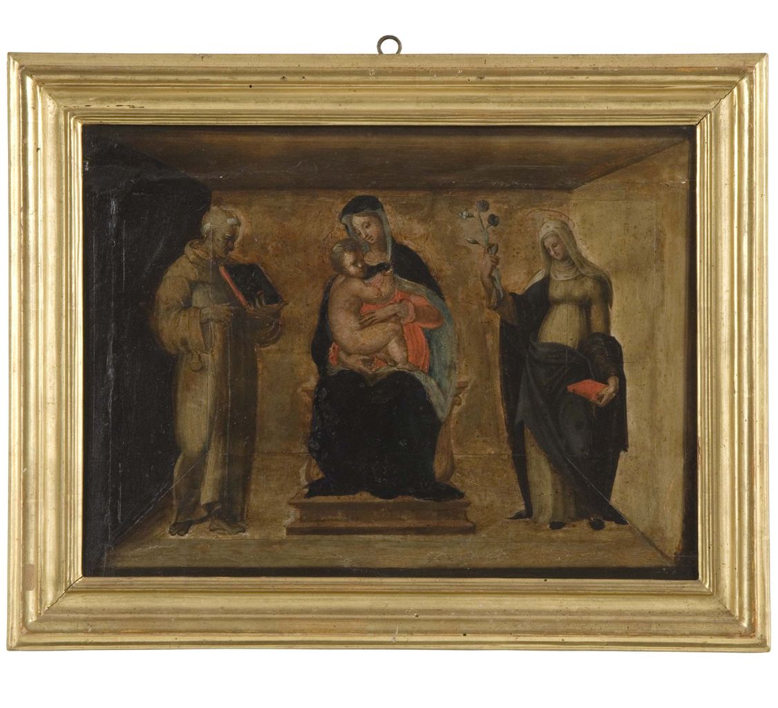 Madonna con Bambino in trono con San Bernardino da Siena e Santa Caterina da Siena (scomparto di predella, frammento) di Beccafumi Domenico detto Mecarino (scuola) (sec. XVI)