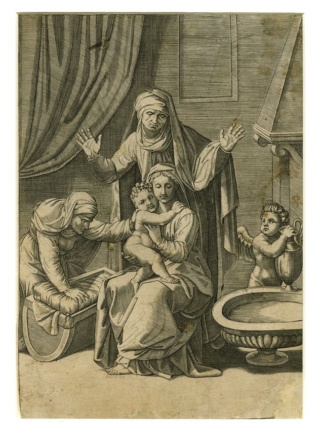 Madonna con Sant'Anna, Gesù Bambino e un'ancella (stampa) - ambito italiano (XVIII)