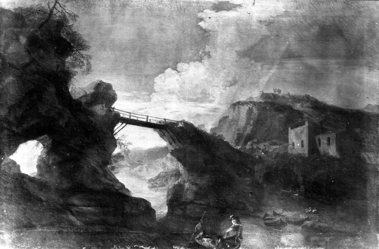 paesaggio con ponte e rocce (dipinto) - ambito italiano (sec. XVII)