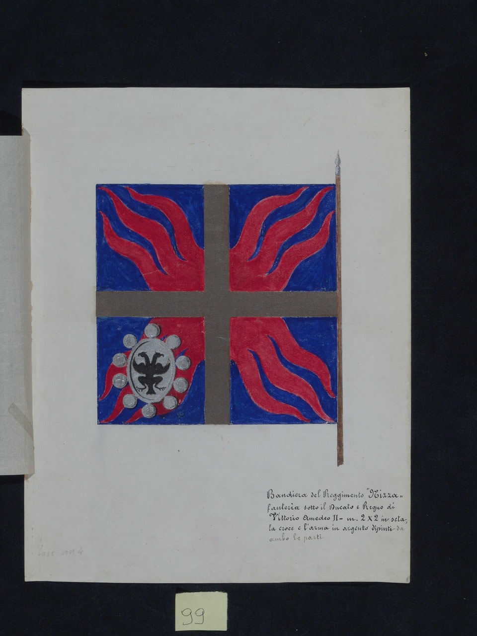Bandiera del reggimento Nizza - Fanteria sotto il Ducato e Regno di Vittorio Amedeo II, vessillo (disegno, elemento d'insieme) - ambito torinese (prima metà sec. XX)