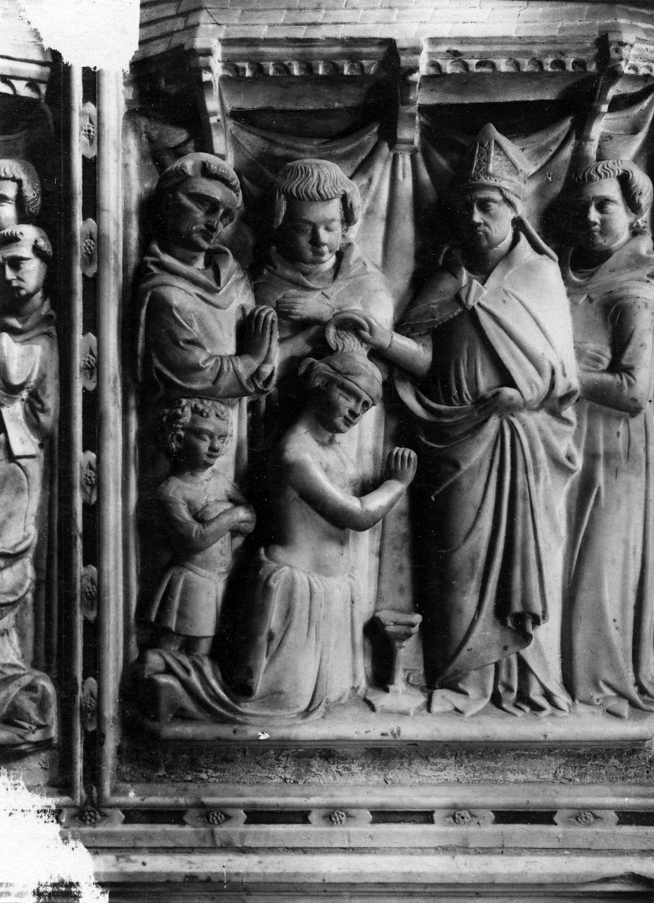 Arezzo: Cattedrale: Arca di San Donato: battesimo di Siranna (negativo) di Betto di Francesco Fiorentino, Giovanni d'Arezzo, Gabinetto fotografico del Polo Museale Fiorentino (laboratorio) (inizio XX)