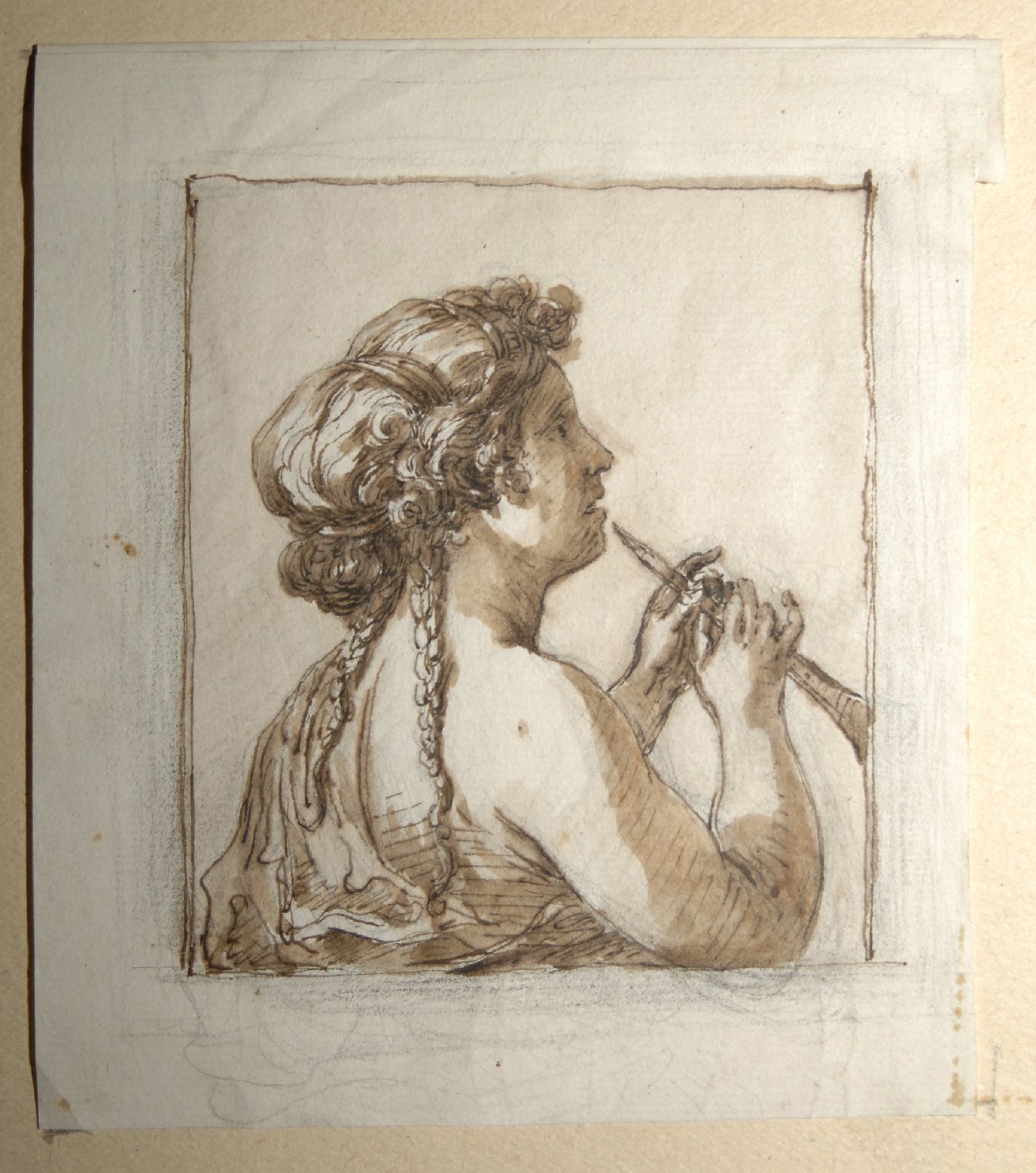 fanciulla che suona il flauto (disegno, opera isolata) di Baldrighi Giuseppe (attribuito) (seconda metà sec. XVIII)