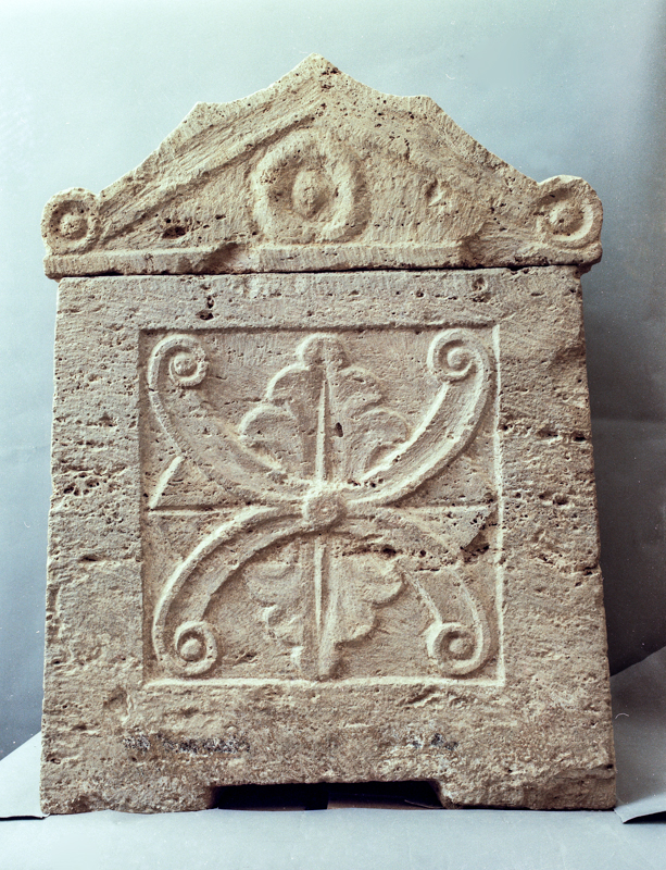 Motivo decorativo composto da pelte e foglie (urna/ cineraria, cassa, cubica, decorata) (III-I sec. a.C)