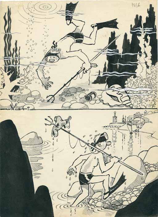 Pesca subacquea, Figura maschile (disegno, opera isolata) di Walter Faccini detto Walti (attribuito) (sec. XX)