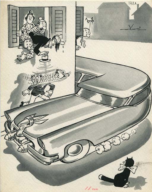 La macchina americana, Figure maschili e un auto (disegno, opera isolata) di Walter Faccini detto Walti (attribuito) (sec. XX)