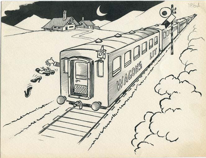 Quasi un Hotel, Treno (disegno, opera isolata) di Walter Faccini detto Walti (attribuito) (sec. XX)