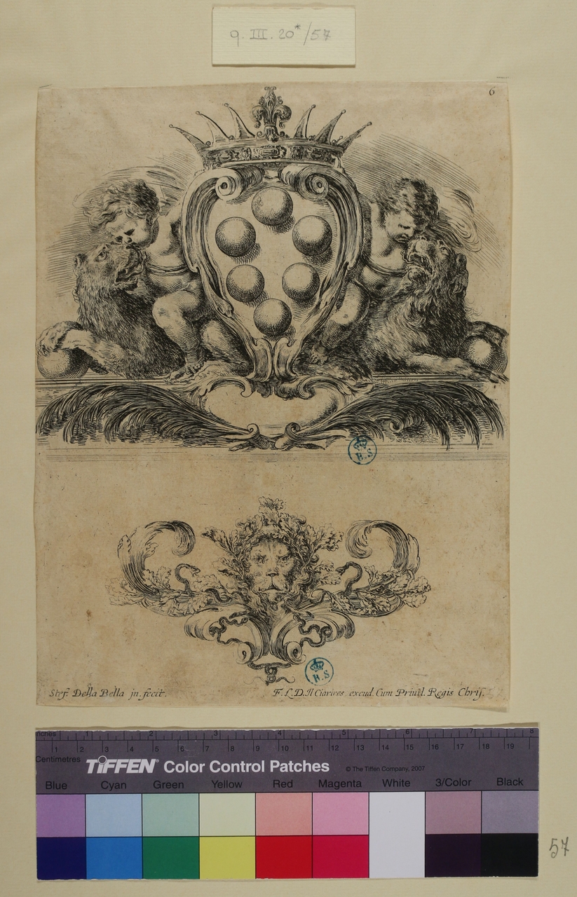 Cartella ornamentale con stemma della famiglia Medici, Cartella ornamentale con stemma della famiglia Medici (stampa tagliata) di Stefano Della Bella (metà sec. XVII)