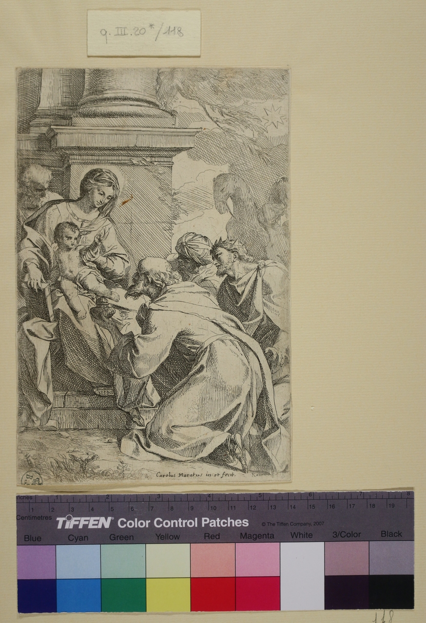 Adorazione dei magi, Adorazione dei magi (stampa smarginata) di Carlo Maratta o Maratti (metà sec. XVII)