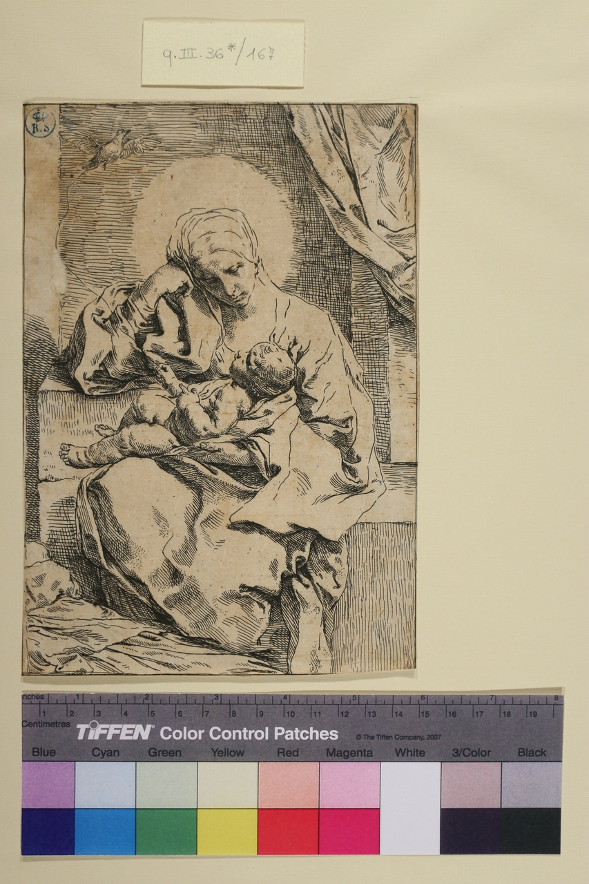 Madonna con bambino (stampa smarginata) di Simone Cantarini detto il Pesarese (sec. XVII)