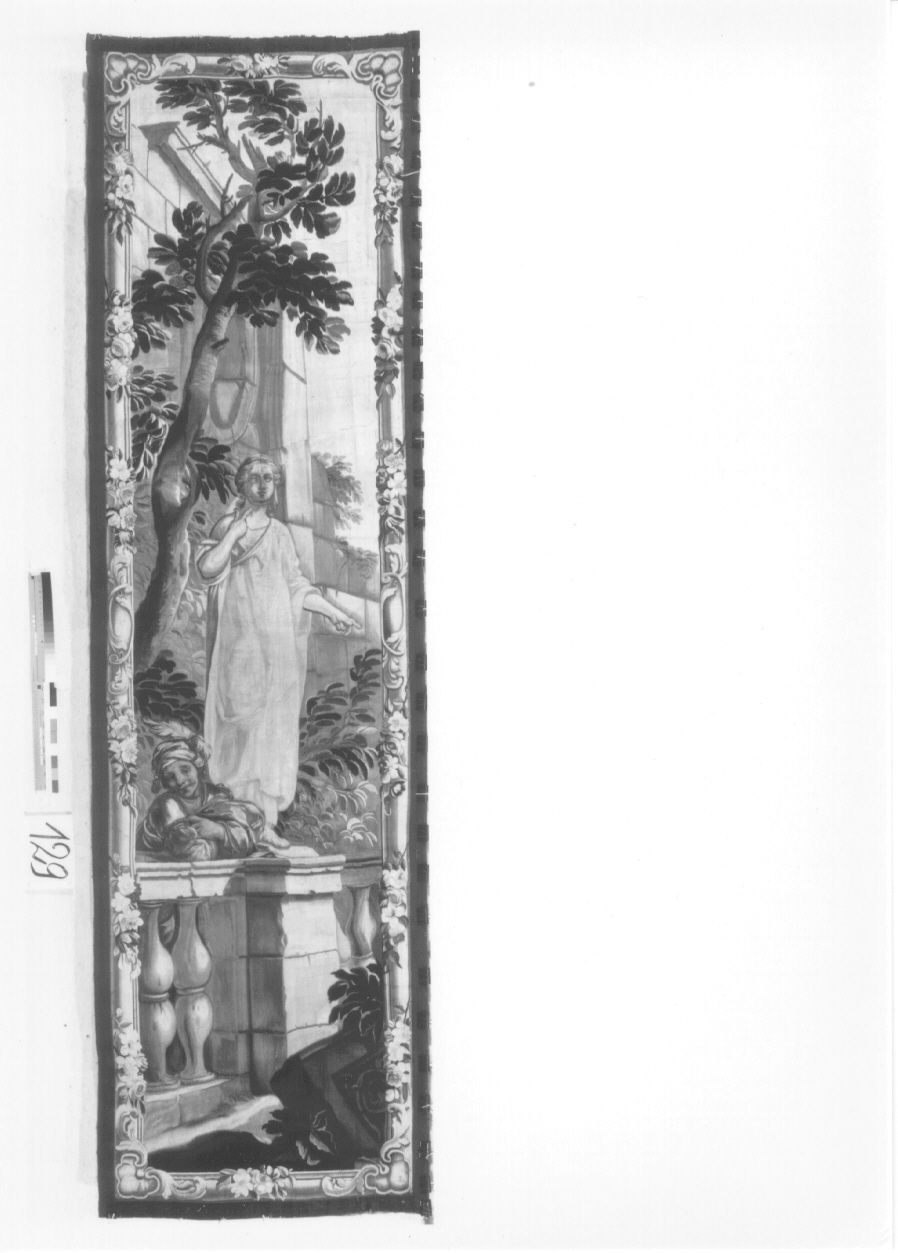 guerriero appoggiato ad una balaustra (arazzo, opera isolata) di Antoniani Francesco, Demignot Francesco (attribuito), Dini Antonio (attribuito) - manifattura torinese (secondo quarto sec. XVIII)