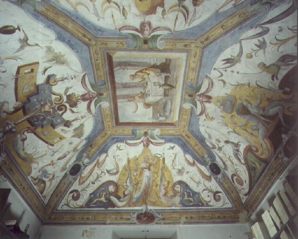 Favola del satiro a cena con l'uomo; Motivi decorativi a grottesche (decorazione pittorica, complesso decorativo) di Baglione Cesare (e aiuti) (sec. XVI)