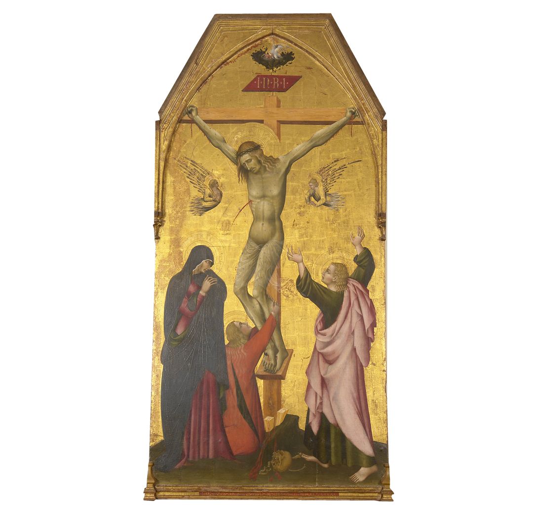 Cristo crocifisso con la Madonna e San Giovanni Evangelista e Santa Maria Maddalena (scomparto di polittico, frammento) di Giovanni di Paolo (sec. XV)