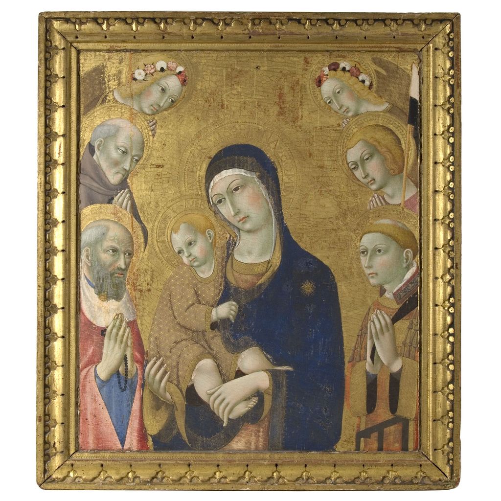 Madonna con Bambino con San Bernardino, San Girolamo, Sant'Ansano, San Lorenzo (dipinto) di Sano di Pietro (sec. XV)